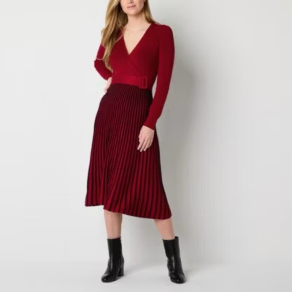 NEW Robbie Bee Womens Long Sleeve Belted Striped Midi Sweater Dress Petite M - Picture 1 of 4
